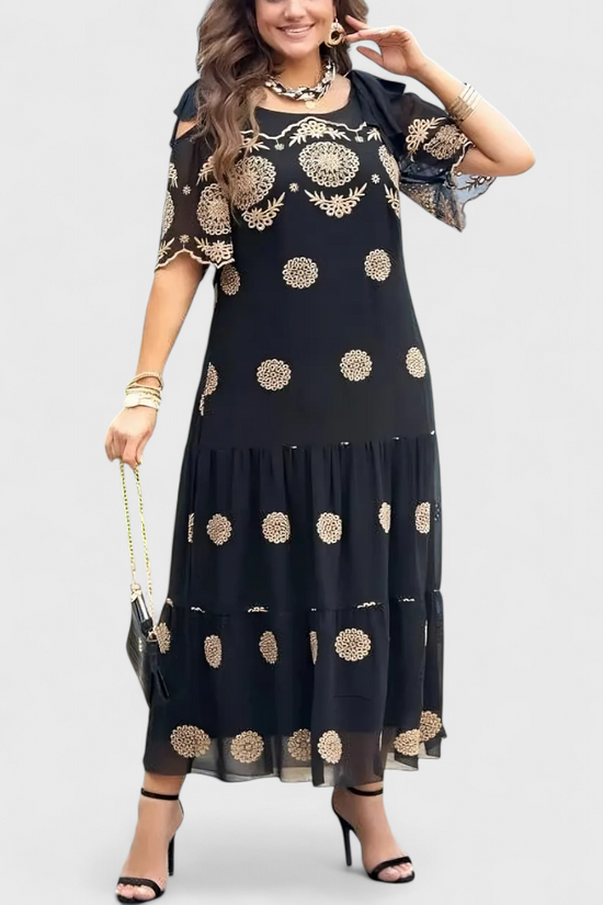 Valeria – Vestido Largo Boho Chic con Bordados Dorados